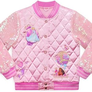 Disney princess quilted bomber jacket w/ sequin sleeves size 5 6 pink puffer